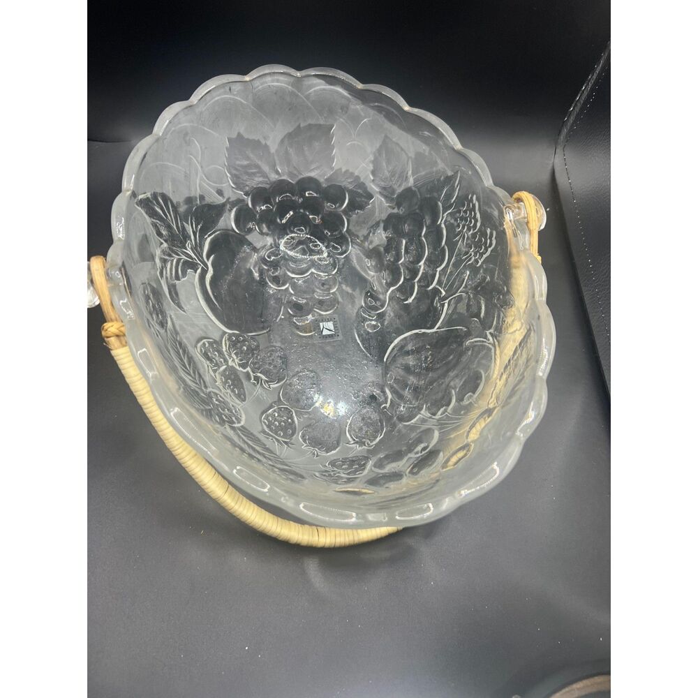 2001 JAPAN Laura Glass Fruit Delight 11" X 9" Glass Basket With Wicker Handle